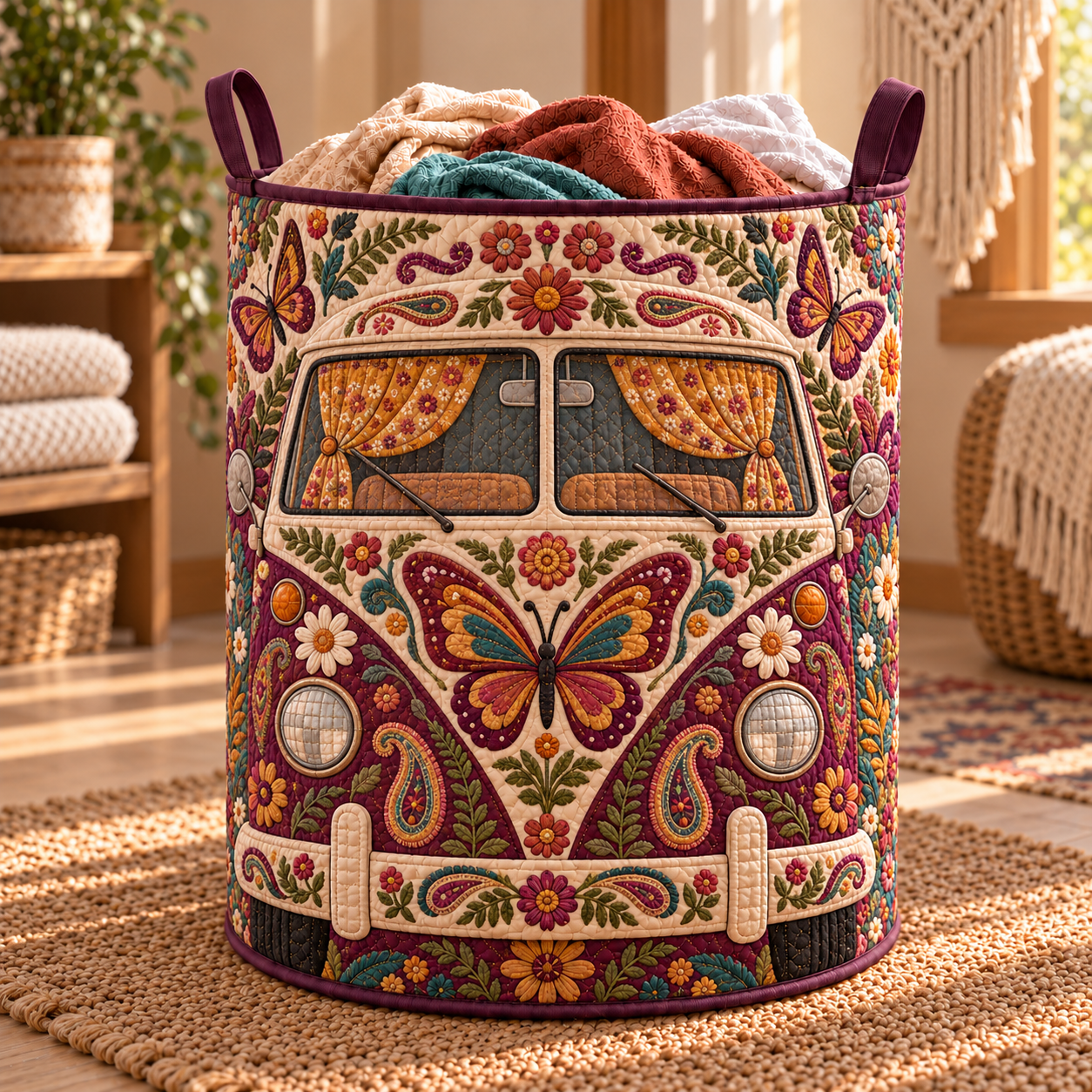 Boho Butterfly Floral Van Quilted Laundry Basket