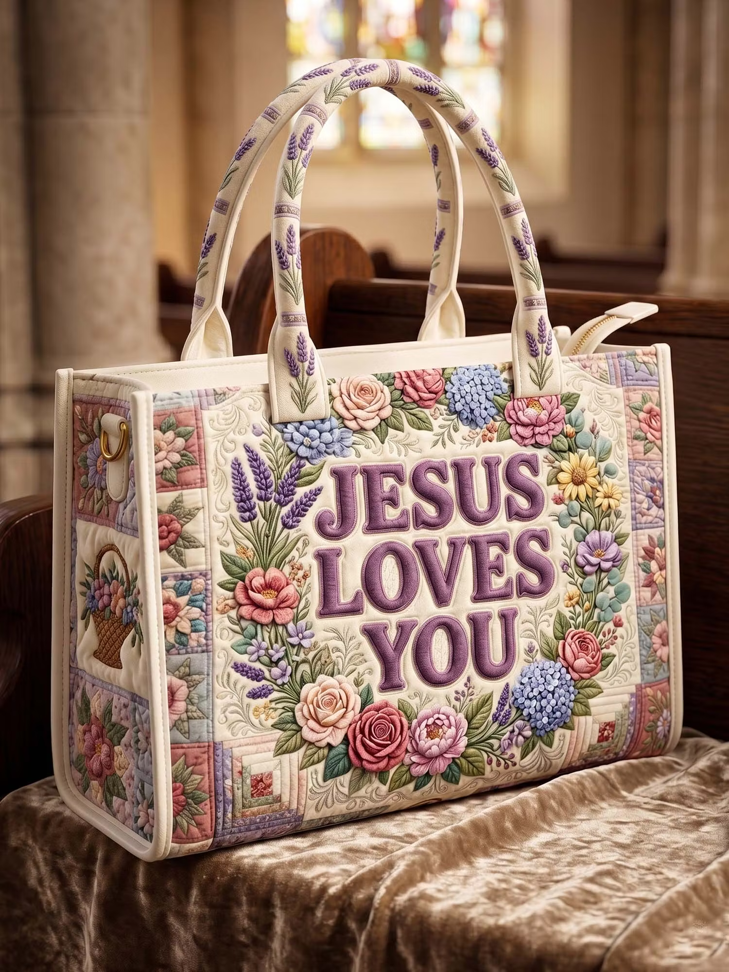 Jesus Loves You Quilted Leather Strap Bible Handbag