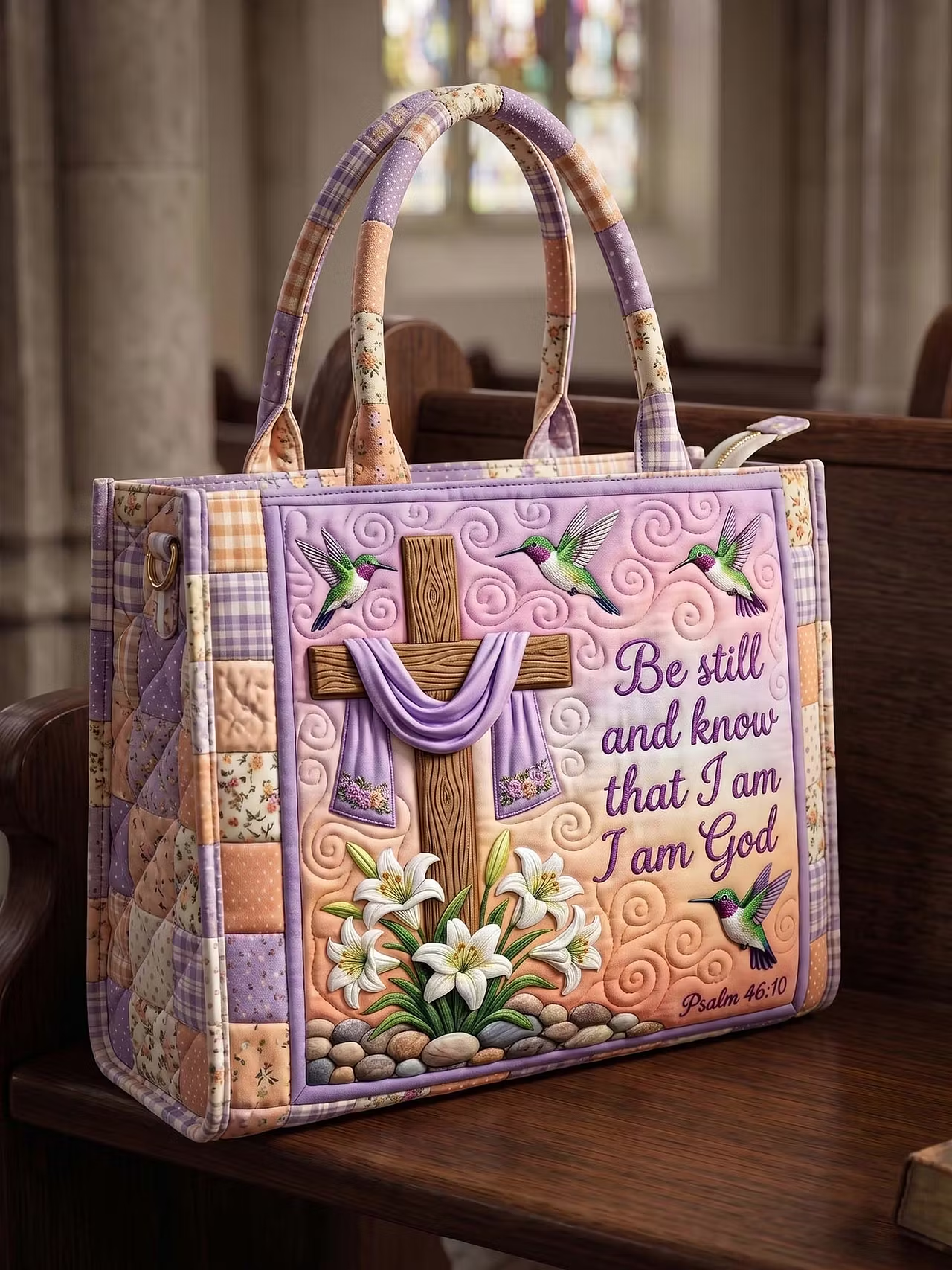 Psalm 46:10 "Be Still And Know That I Am God Quilted Leather Strap Bible Handbag