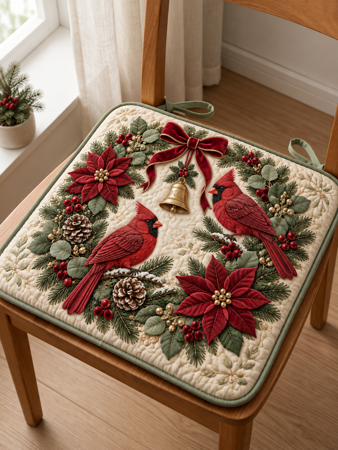 Cardinal Poinsettia Wreath Quilted Chair Cushion