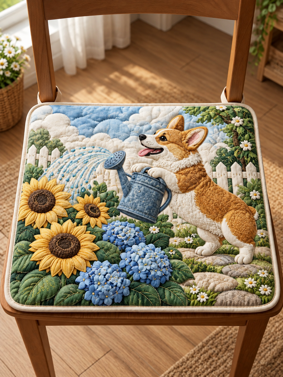 Corgi Watering Garden Quilted Chair Cushion