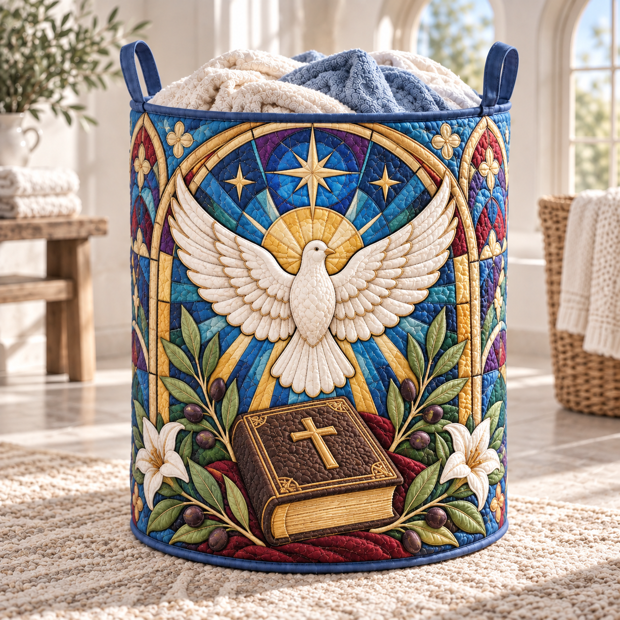 Stained Glass Dove & Bible Quilted Laundry Basket