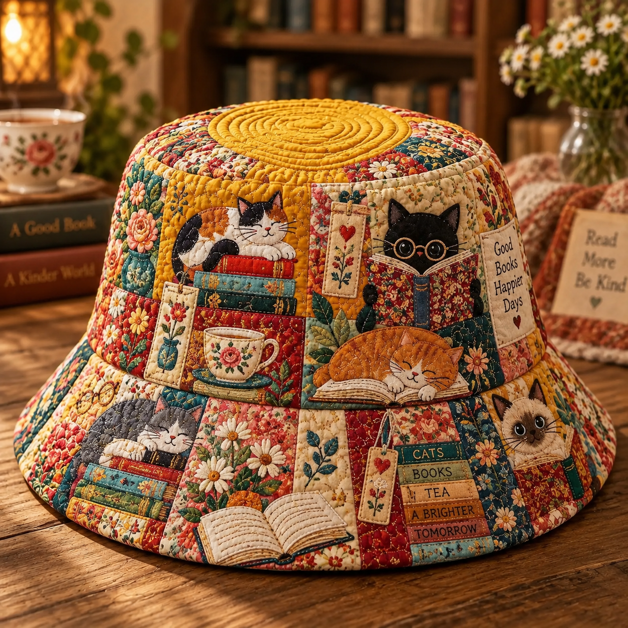 Golden Cat Storybook Patchwork Quilted Fishing Hat
