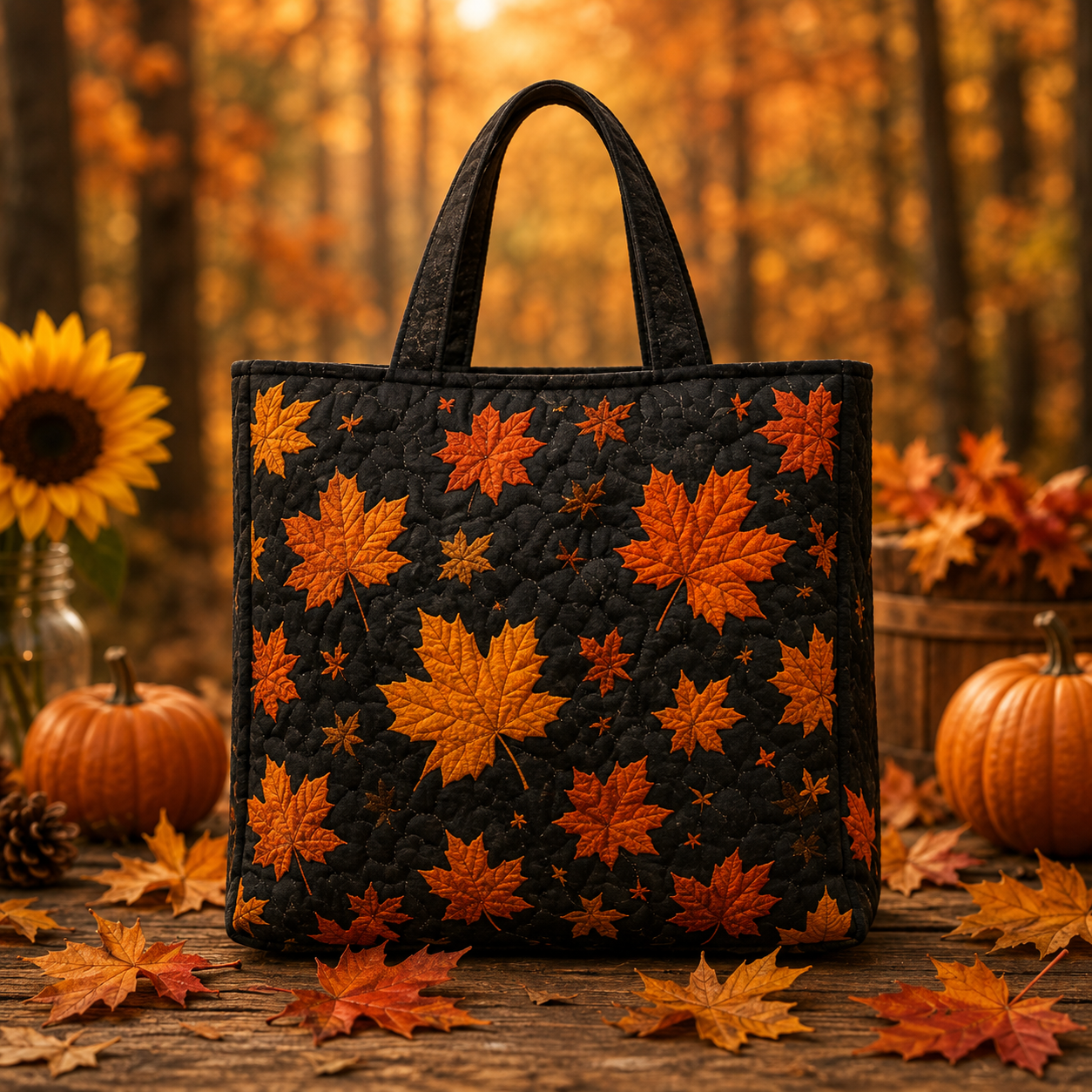 Black Background Maple Leaf Fall Quilted Tote Bag