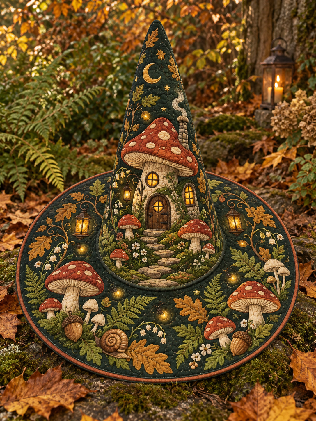 Enchanted Mushroom Cottage Quilted Witch Hat