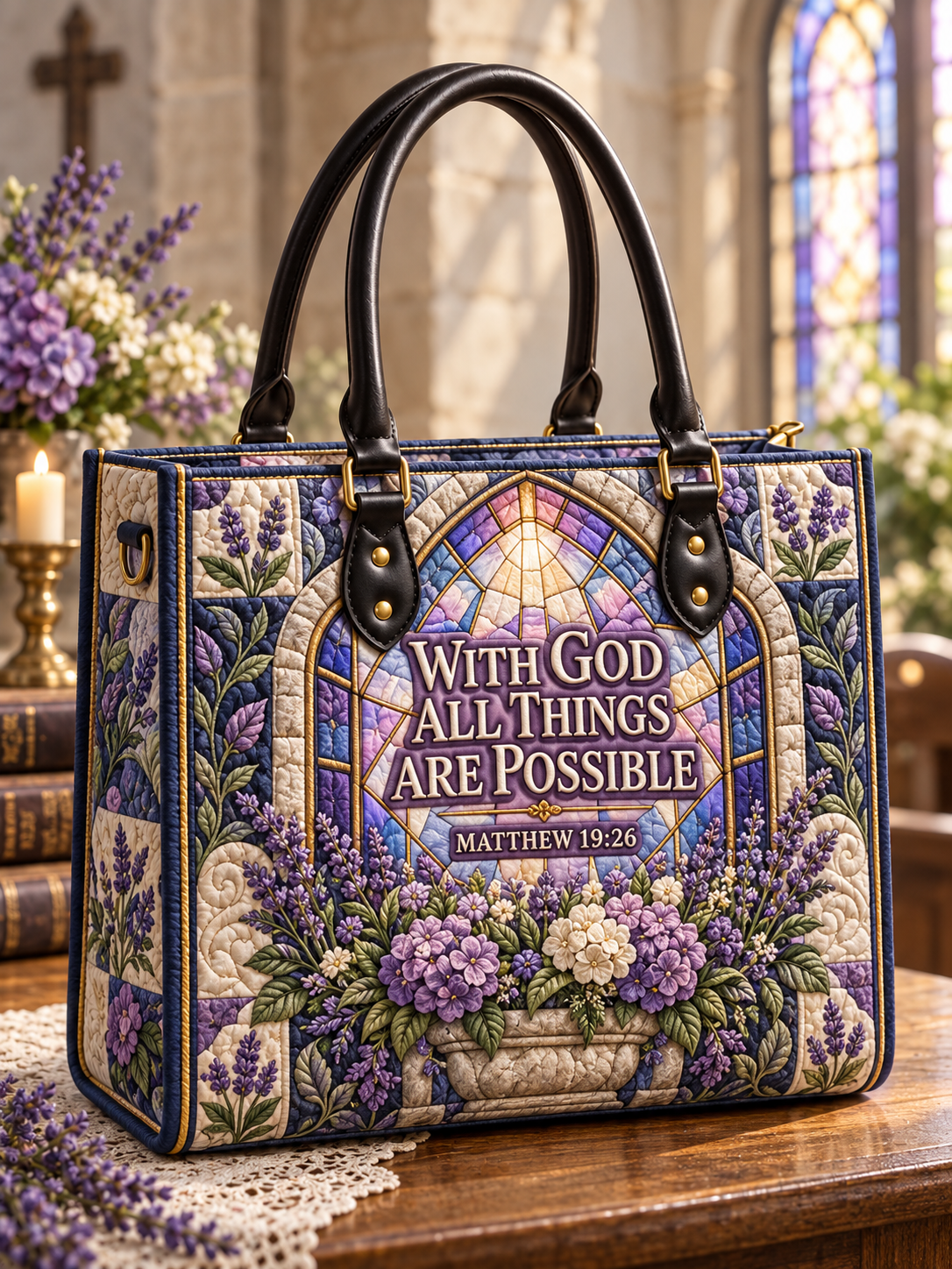 With God All Things Are Possible Floral Quilted Leather Strap Bible Handbag