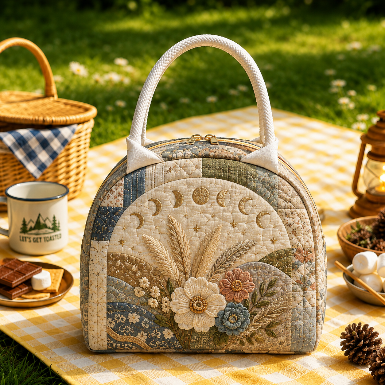 Moon Phase Pampas Grass Quilted Lunch Bag