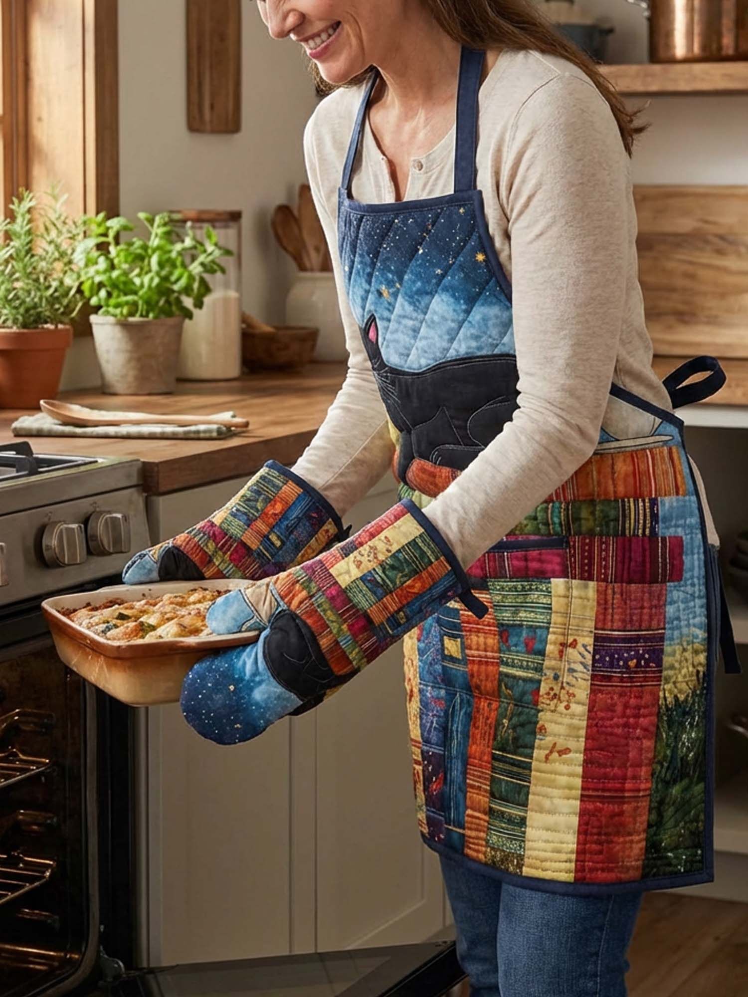 Book And Cat Quilted Apron Set (2-Piece) – Padded Apron + Heat-Resistant Oven Mitts
