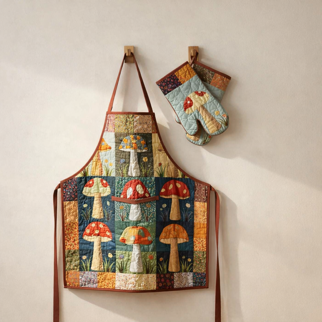 Mushroom Quilted Apron Set (2-Piece) – Padded Apron + Heat-Resistant Oven Mitts