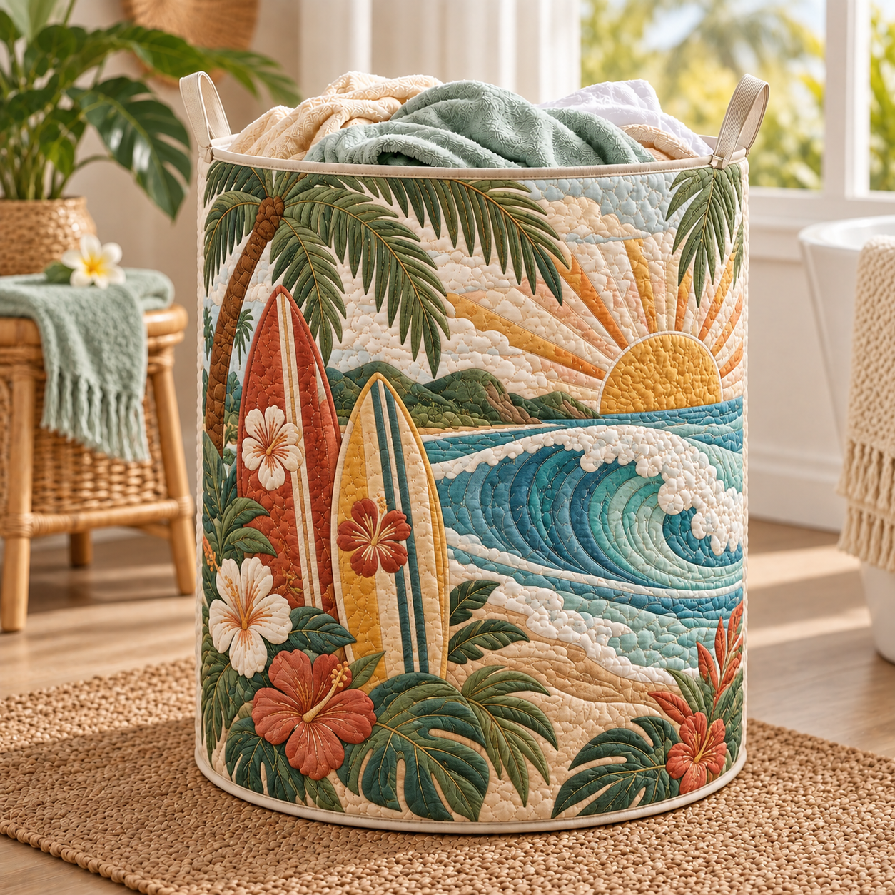 Coastal Surf Paradise Quilted Laundry Basket