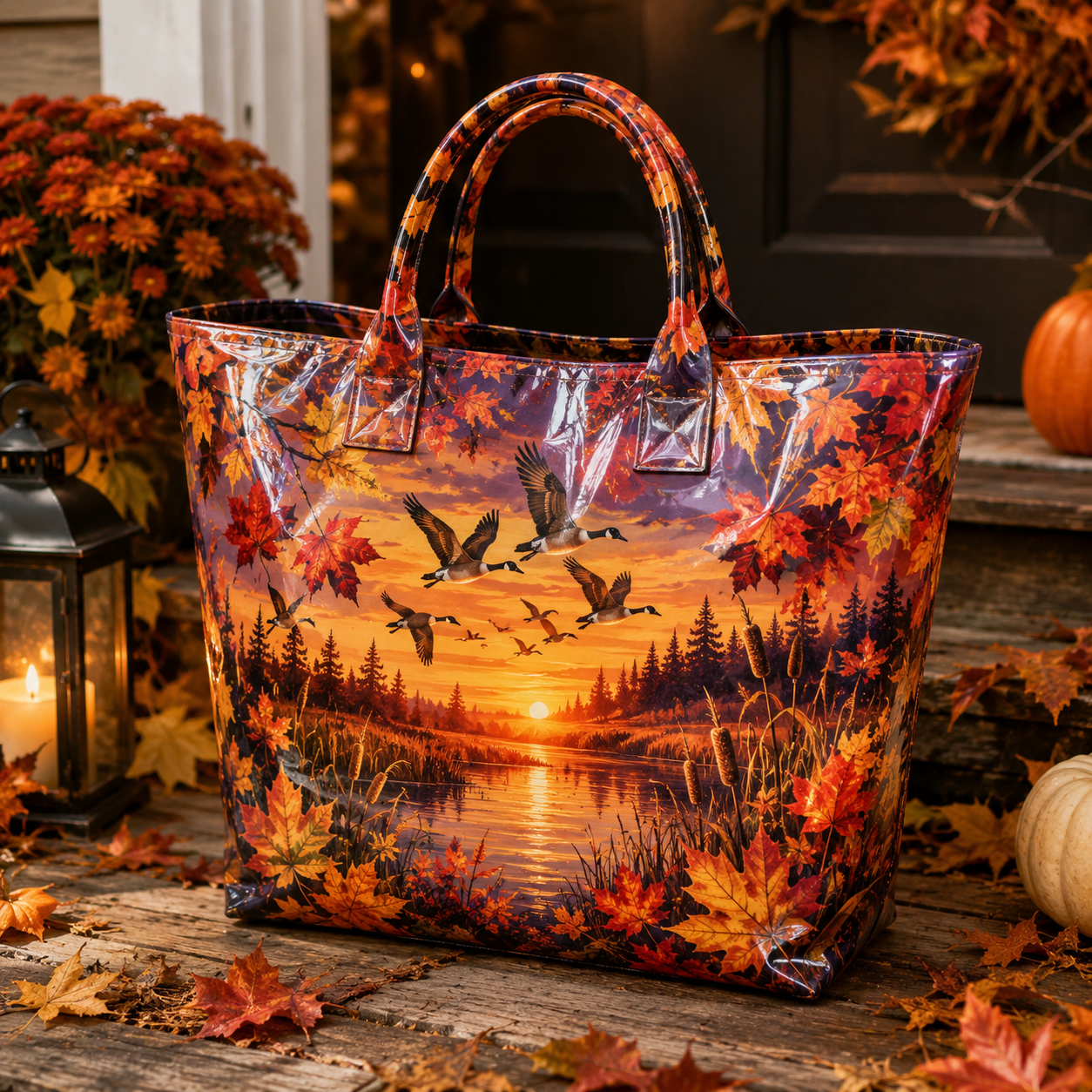 Autumn Geese Sunset Lake PVC Tote Bag