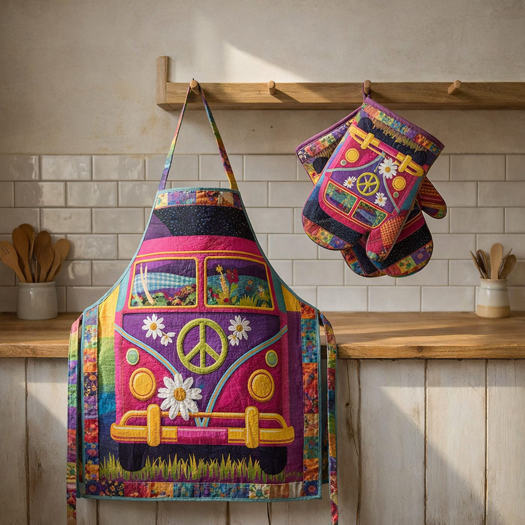 Hippie Van Quilted Apron Set (2-Piece) – Padded Apron + Heat-Resistant Oven Mitts