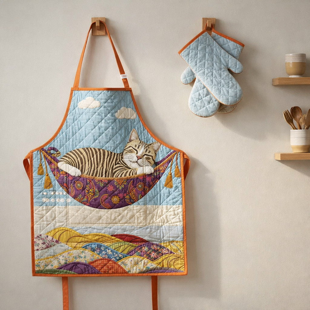 Sleeping Cat Quilted Apron Set (2-Piece) – Padded Apron + Heat-Resistant Oven Mitts