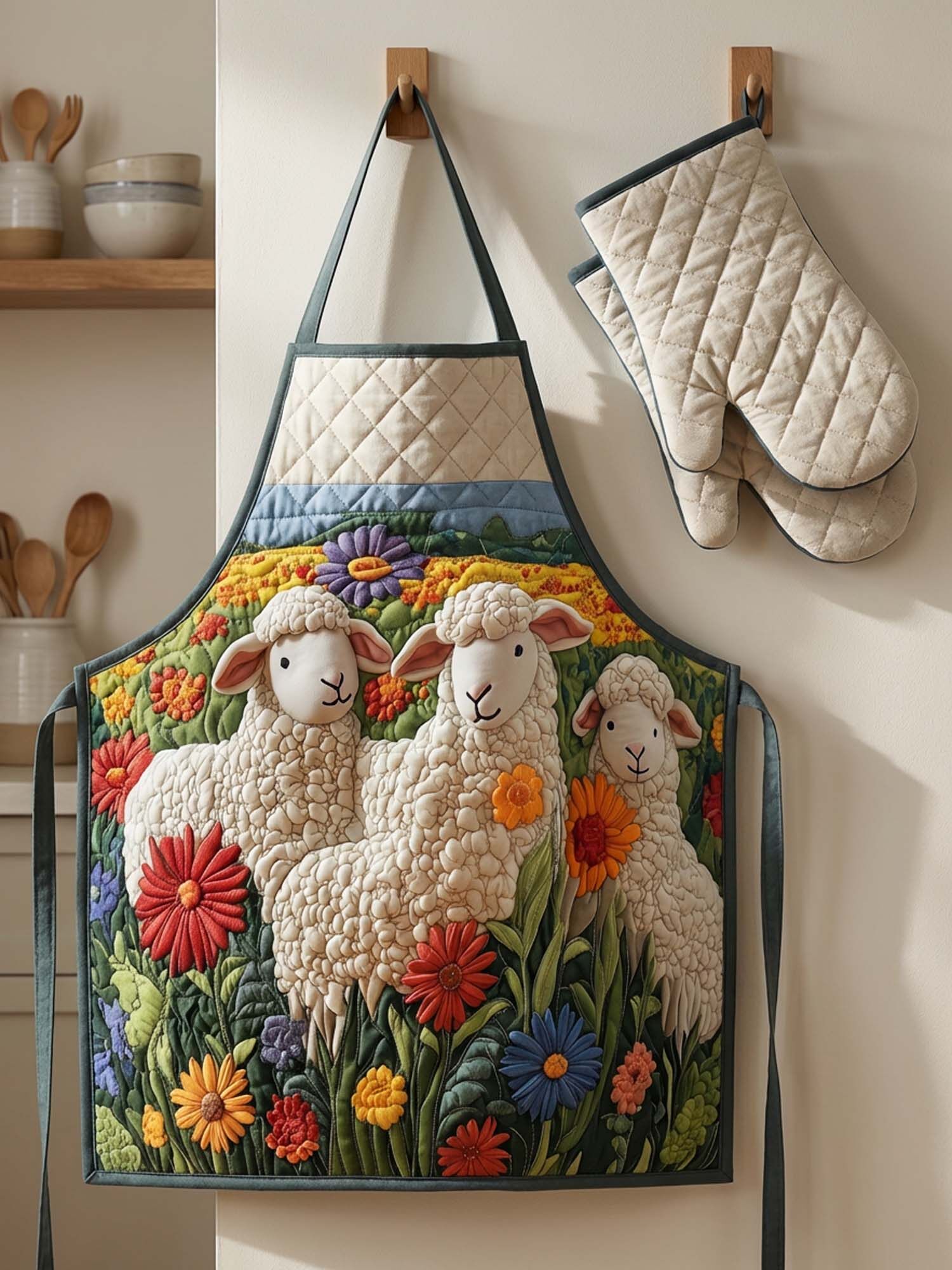 Sheep Quilted Apron Set (2-Piece) – Padded Apron + Heat-Resistant Oven Mitts