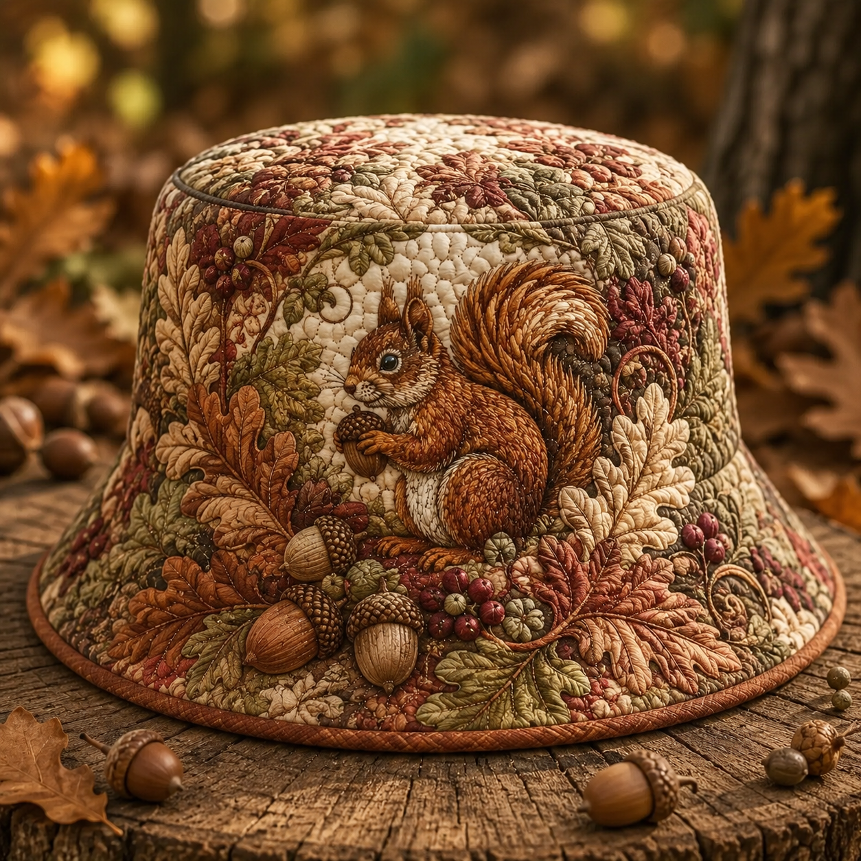 Fall Squirrel Acorn Meadow Quilted Fishing Hat