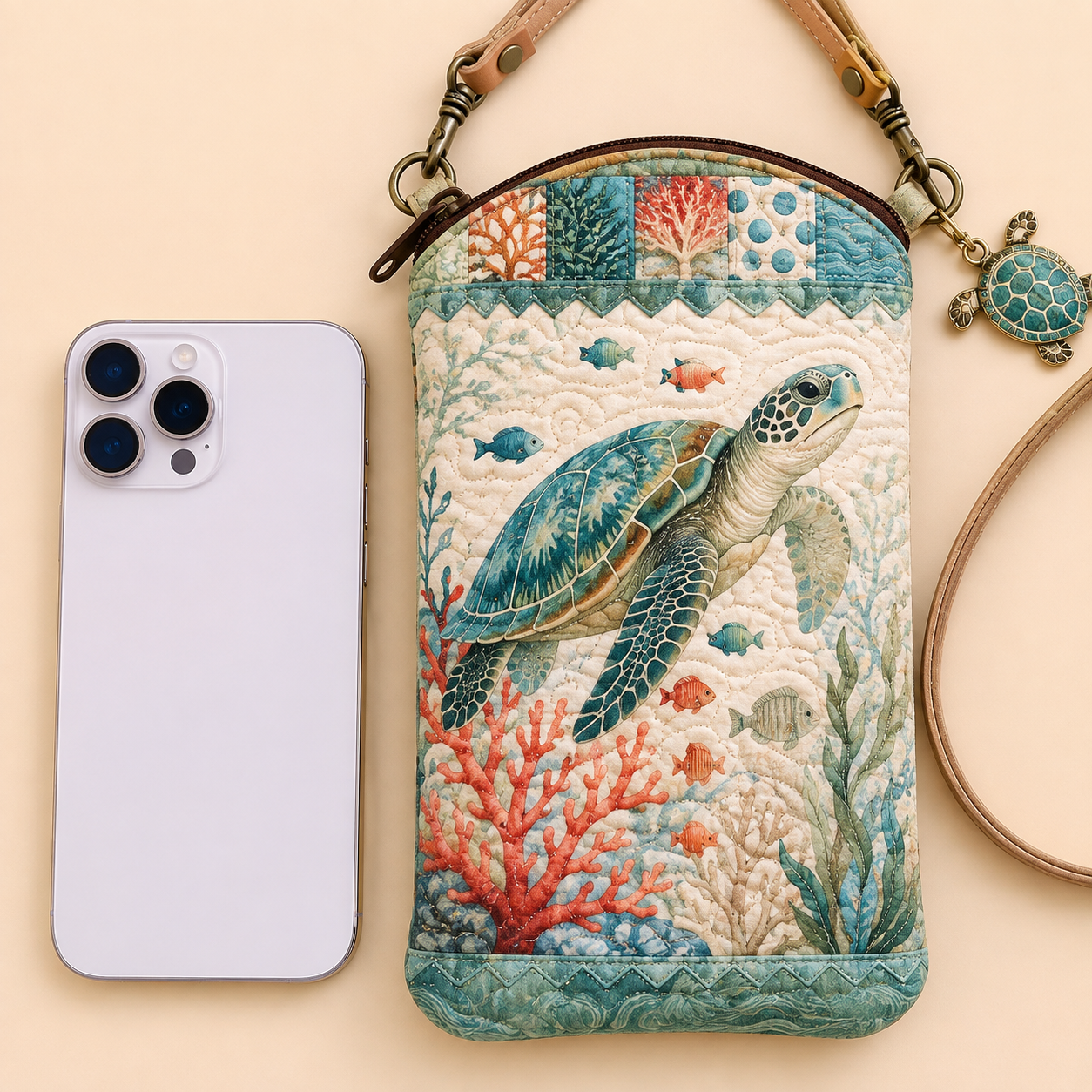 Coral Reef Sea Turtle Quilted Slim Phone Crossbody Bag