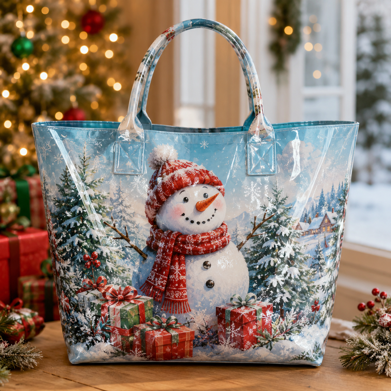 Snowman Gift Box Christmas PVC Tote Bag
