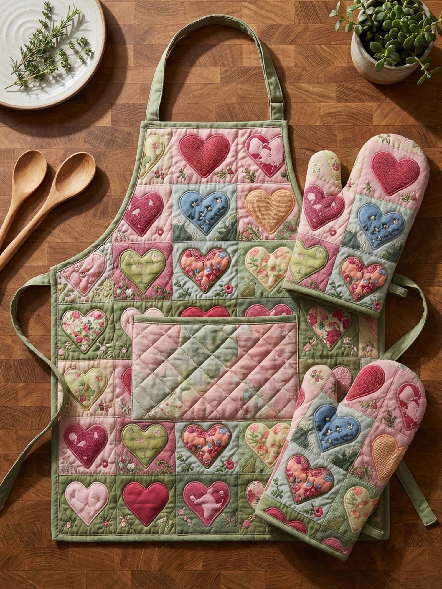 Love Heart Quilted Apron Set (2-Piece) – Padded Apron + Heat-Resistant Oven Mitts