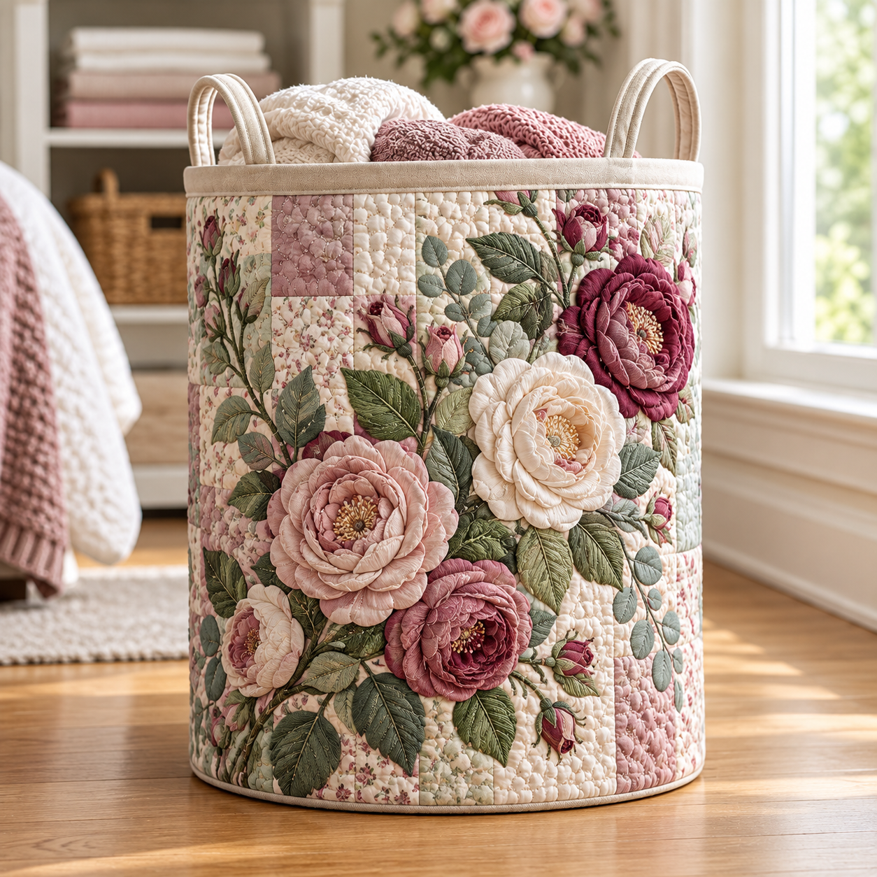 Romantic Rose Garden Quilted Laundry Basket