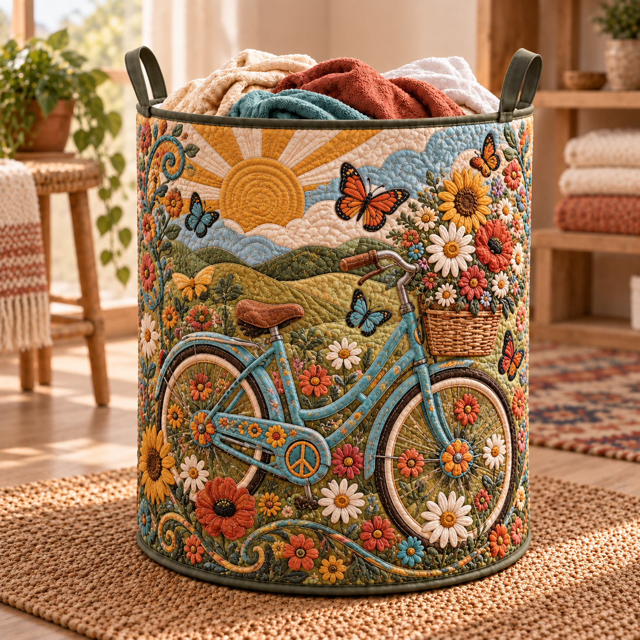 Boho Bicycle Flower Garden Quilted Laundry Basket