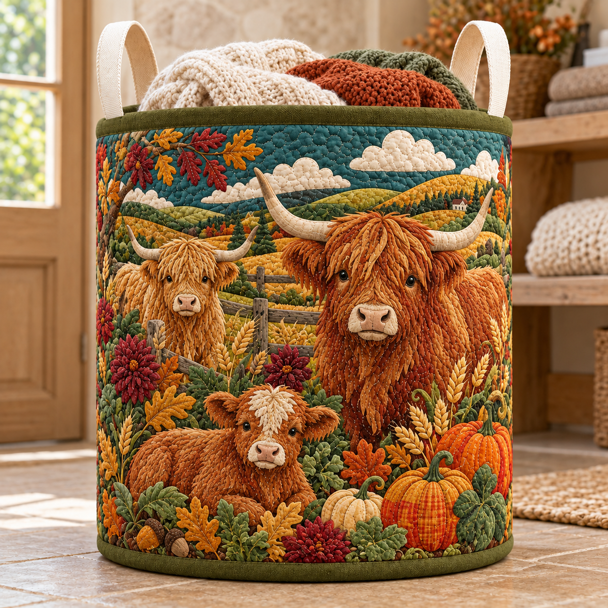 Autumn Highland Cow Family Quilted Laundry Basket