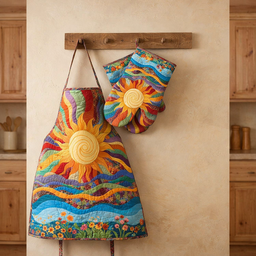 Hippie Sun Quilted Apron Set (2-Piece) – Padded Apron + Heat-Resistant Oven Mitts