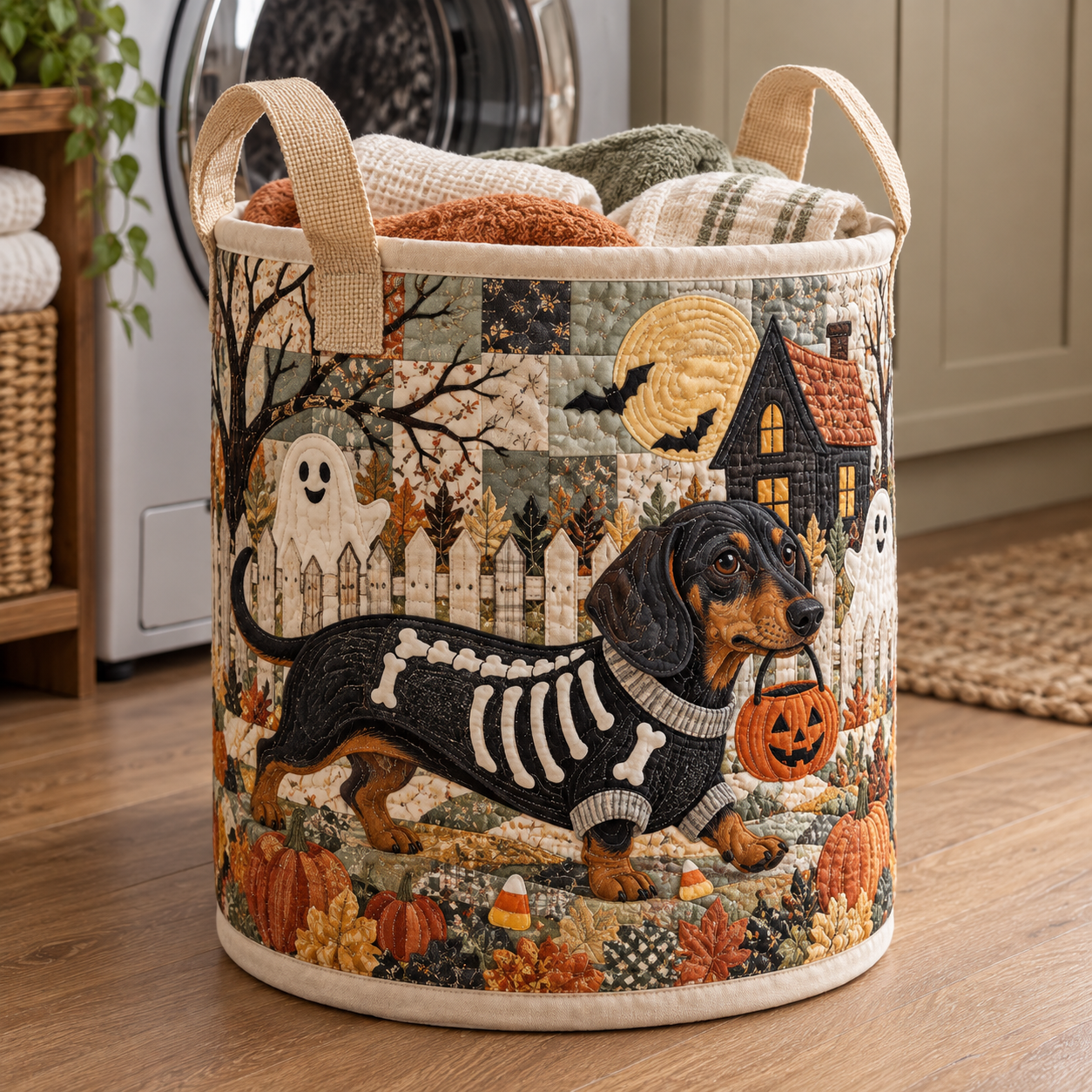 Skeleton Dachshund Halloween Quilted Laundry Basket