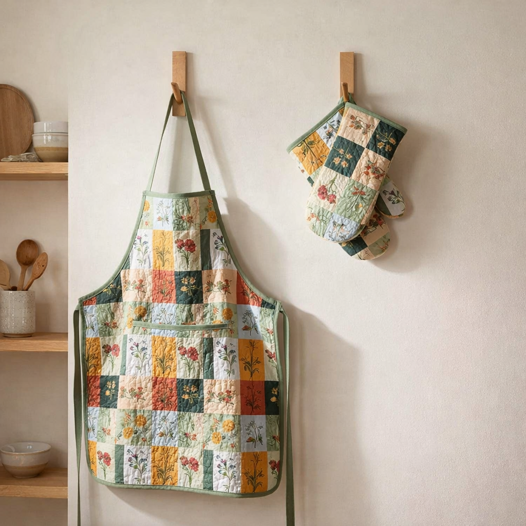 Flower Quilted Apron Set (2-Piece) – Padded Apron + Heat-Resistant Oven Mitts