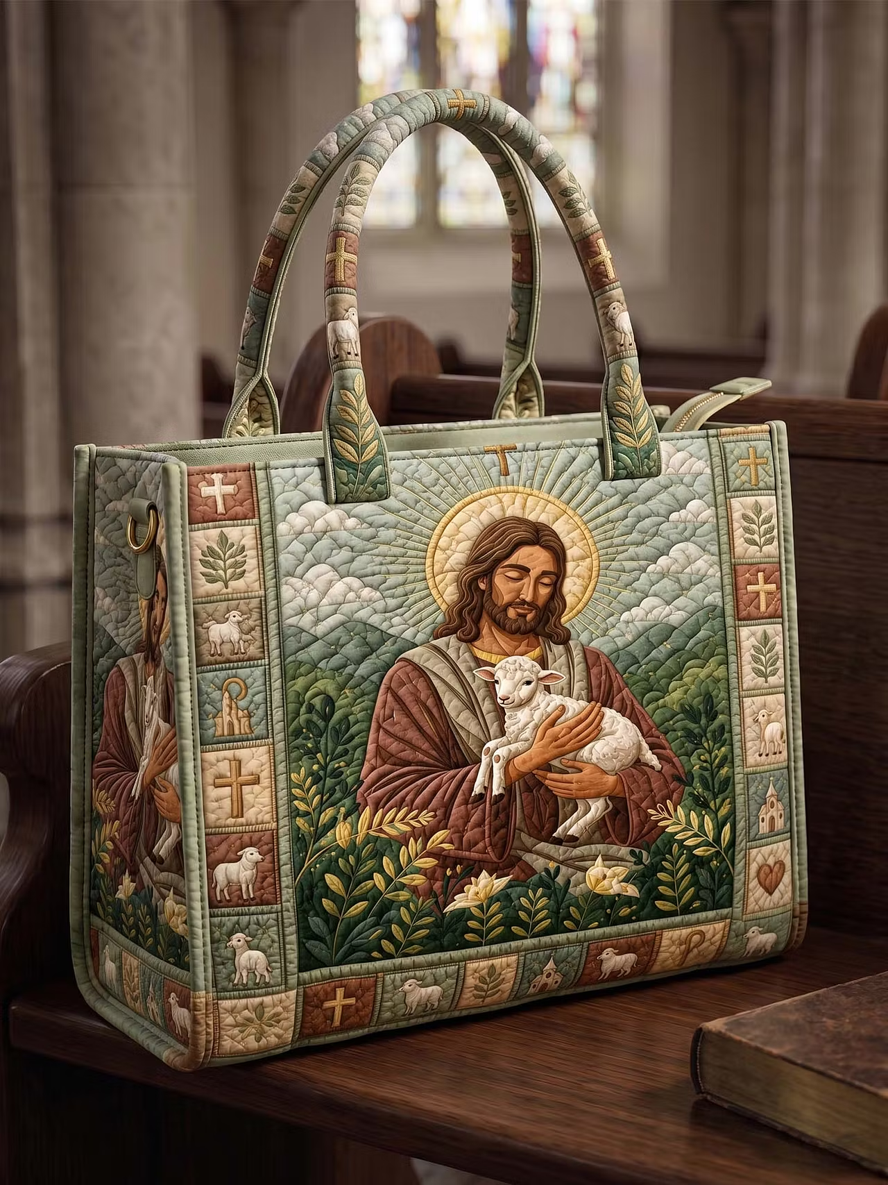 Jesus Embracing A Lamb Quilted Leather Strap Bible Handbag