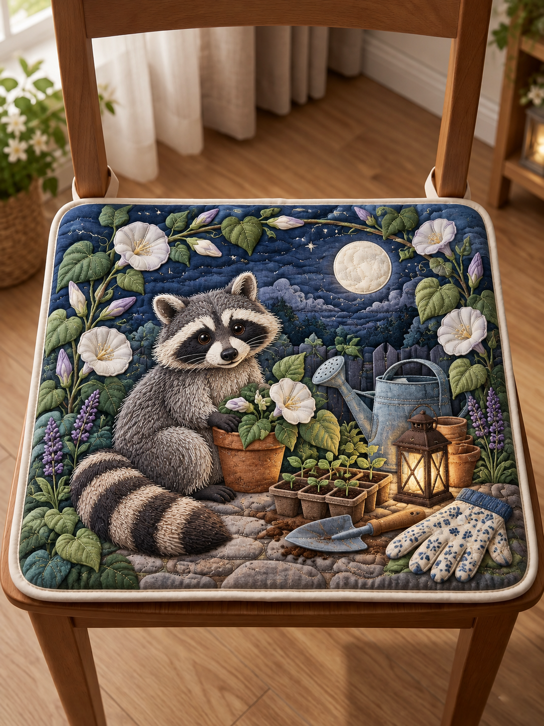 Moonlit Raccoon Garden Quilted Chair Cushion