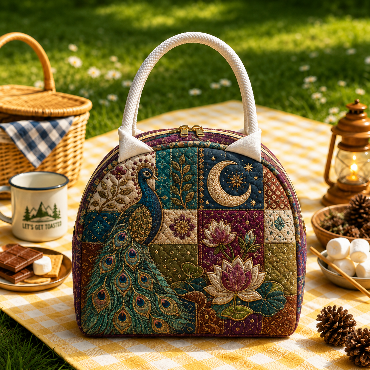 Peacock Moon & Lotus Quilted Lunch Bag
