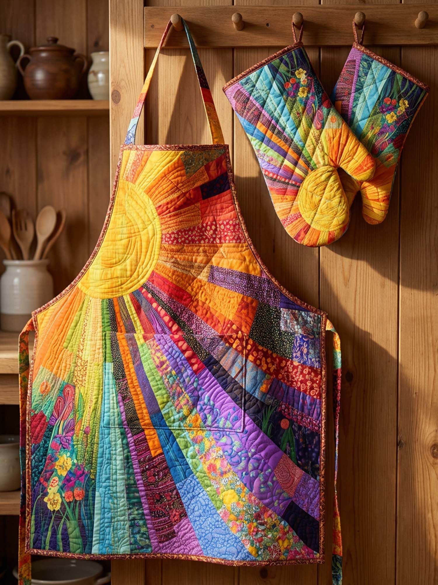 Hippie Sun Quilted Apron Set (2-Piece) – Padded Apron + Heat-Resistant Oven Mitts
