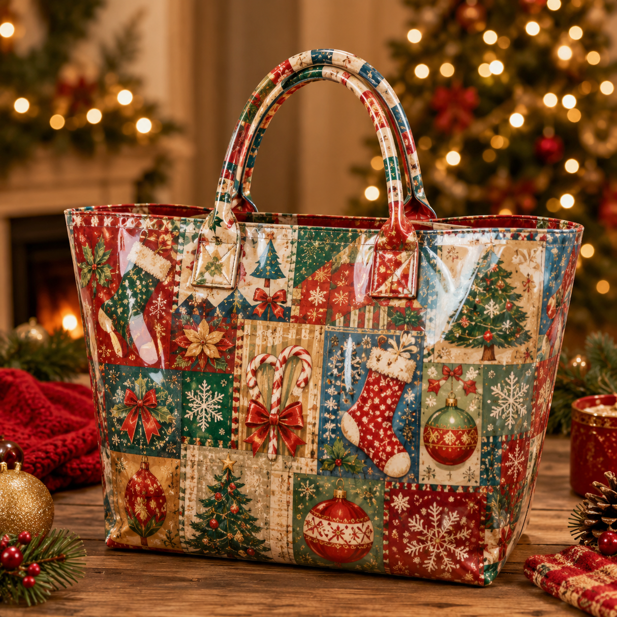 Christmas Patchwork Ornament PVC Tote Bag