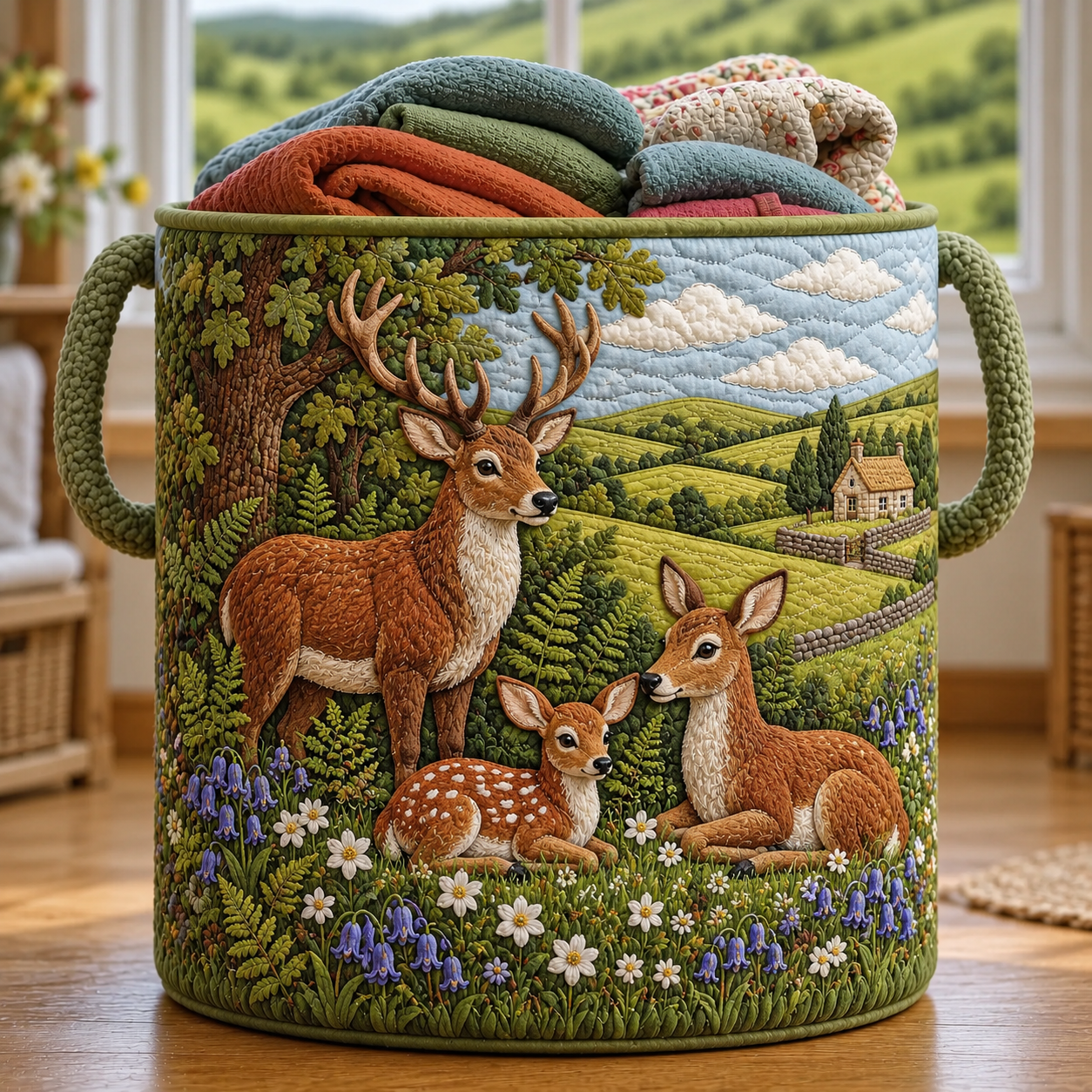 Deer Family Wildflower Valley Quilted Laundry Basket