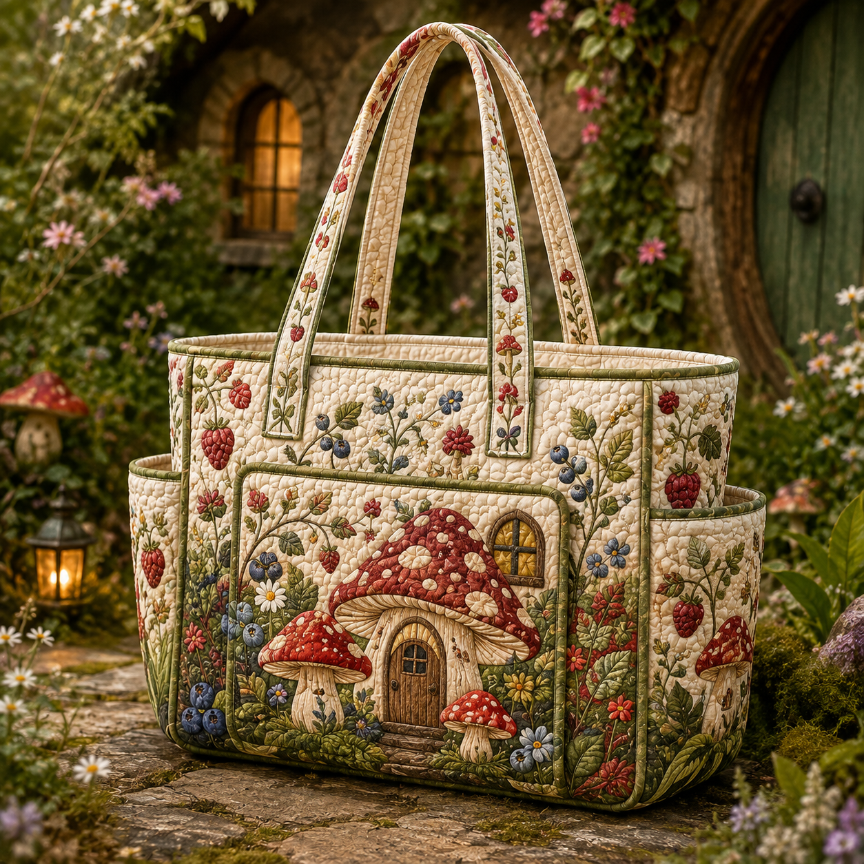 Mushroom Cottage Garden Multiple Pockets Quilted Tote Bag