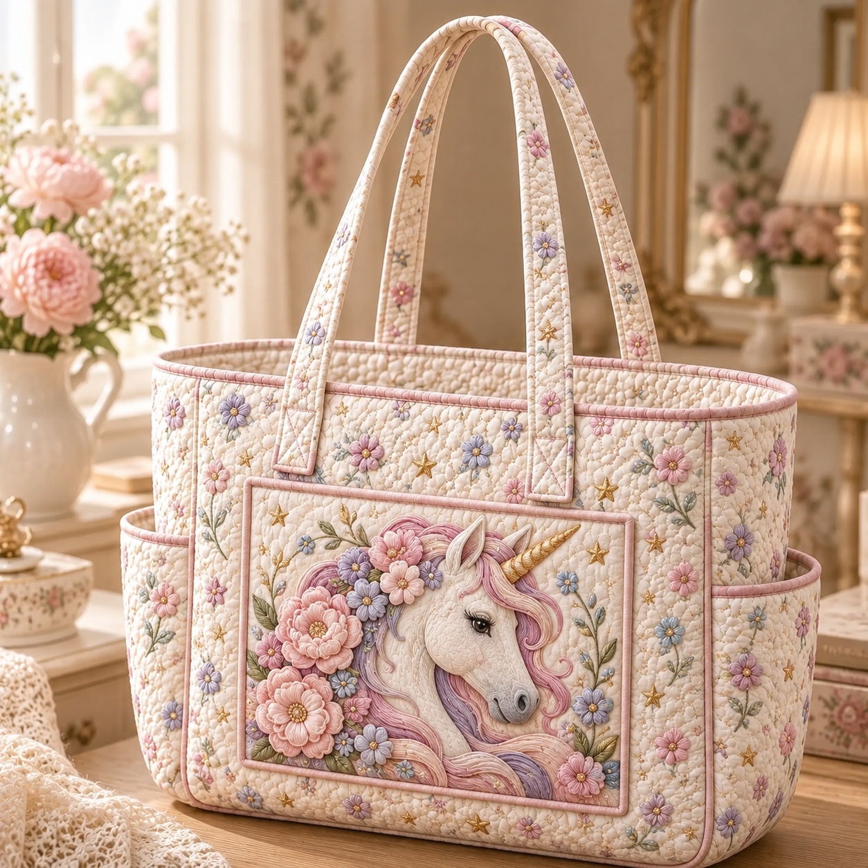 Blush Floral Unicorn Multiple Pockets Quilted Tote Bag