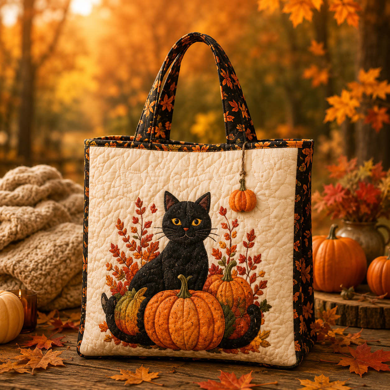 Black Cat Pumpkin Halloween Quilted Tote Bag