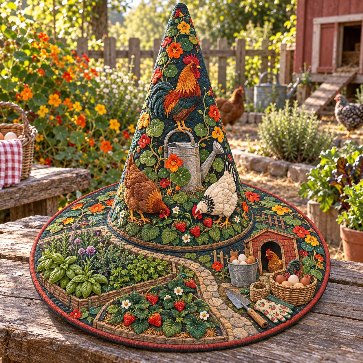 Rooster Vegetable Garden Quilted Witch Hat