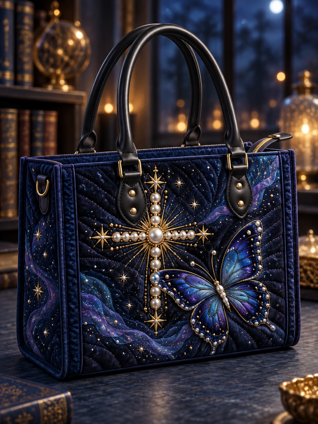 Celestial Cross & Butterfly Quilted Leather Strap Bible Handbag