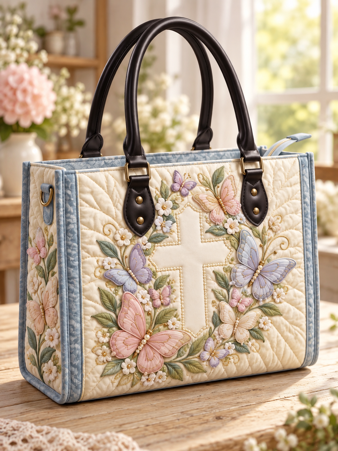 Pastel Cross & Butterfly Garden Quilted Leather Strap Bible Handbag