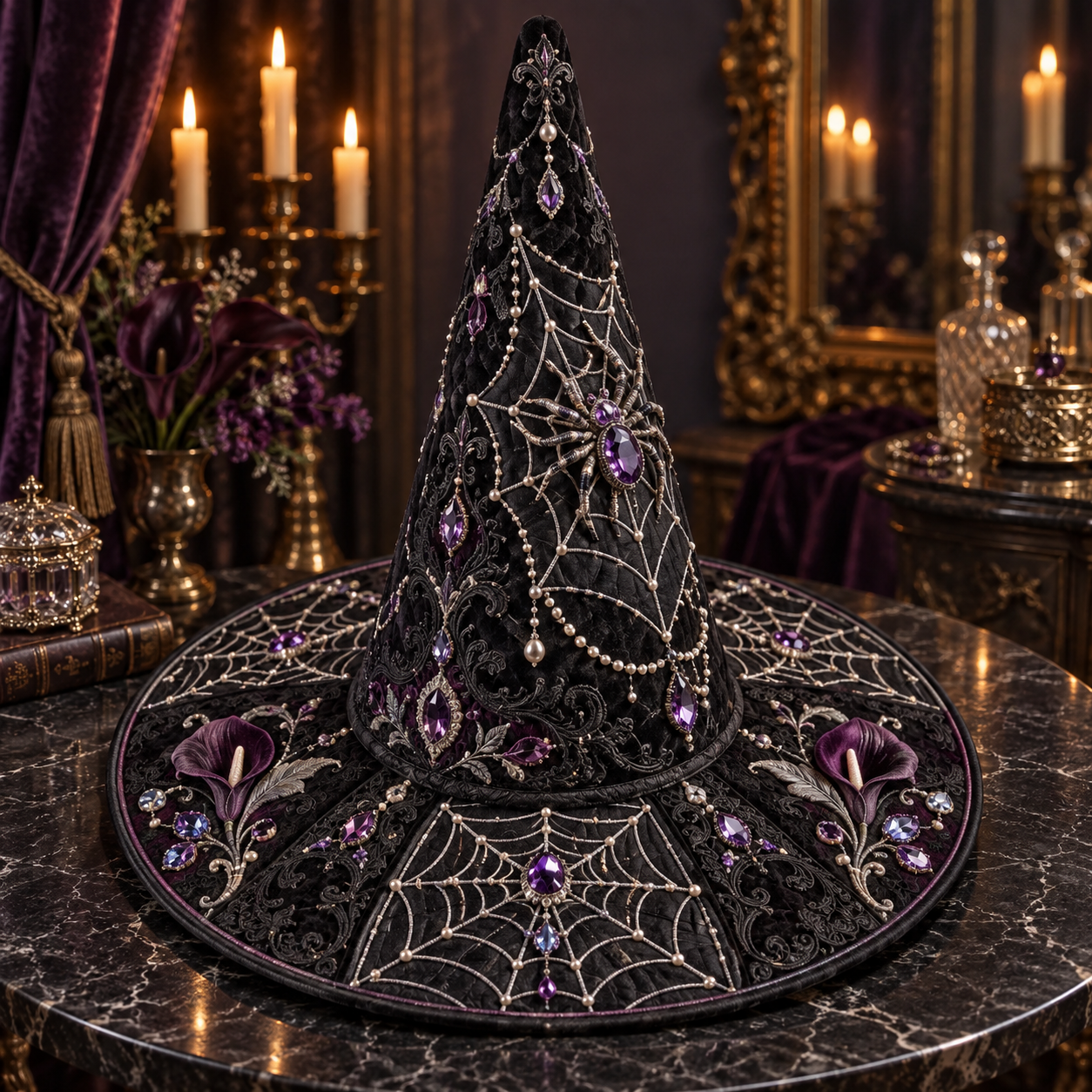 Dark Spiderweb Gothic Floral Quilted Witch Hat