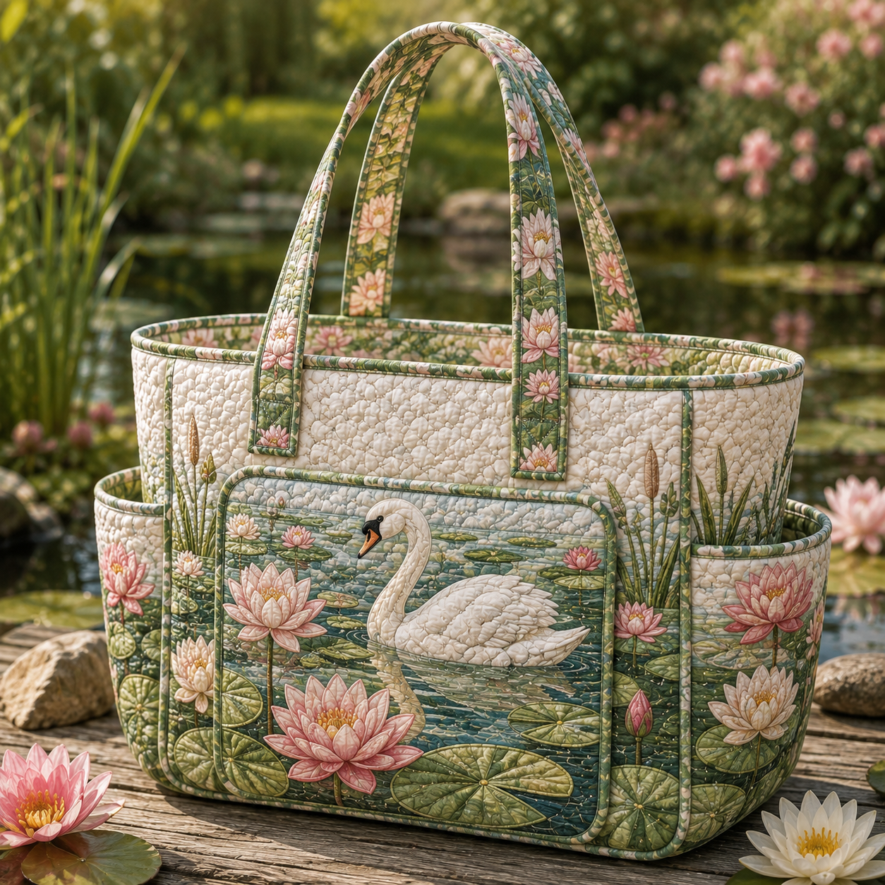 Swan Lotus Pond Multiple Pockets Quilted Tote Bag
