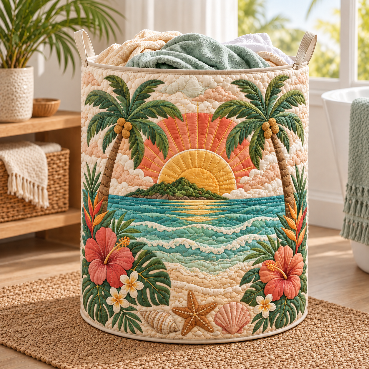 Tropical Ocean Sunset Quilted Laundry Basket