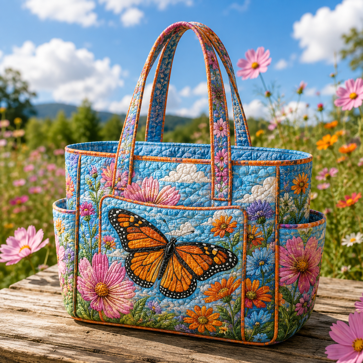 Butterfly Wildflower Meadow Multiple Pockets Quilted Tote Bag