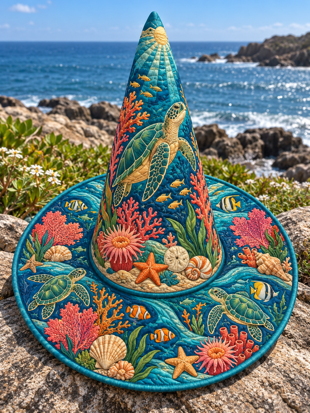 Sea Turtle Coral Garden Quilted Witch Hat