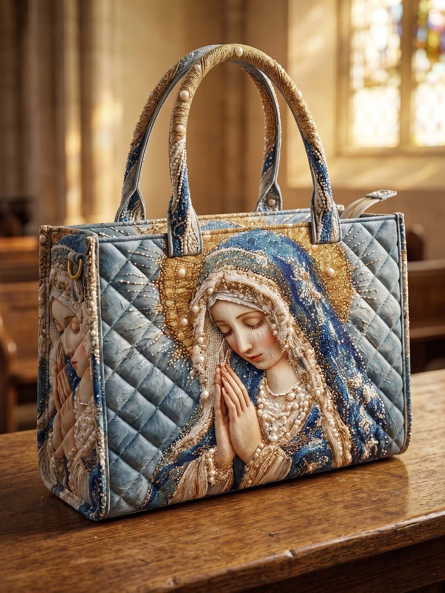 Prayer To The Virgin Mary Quilted Leather Strap Bible Handbag