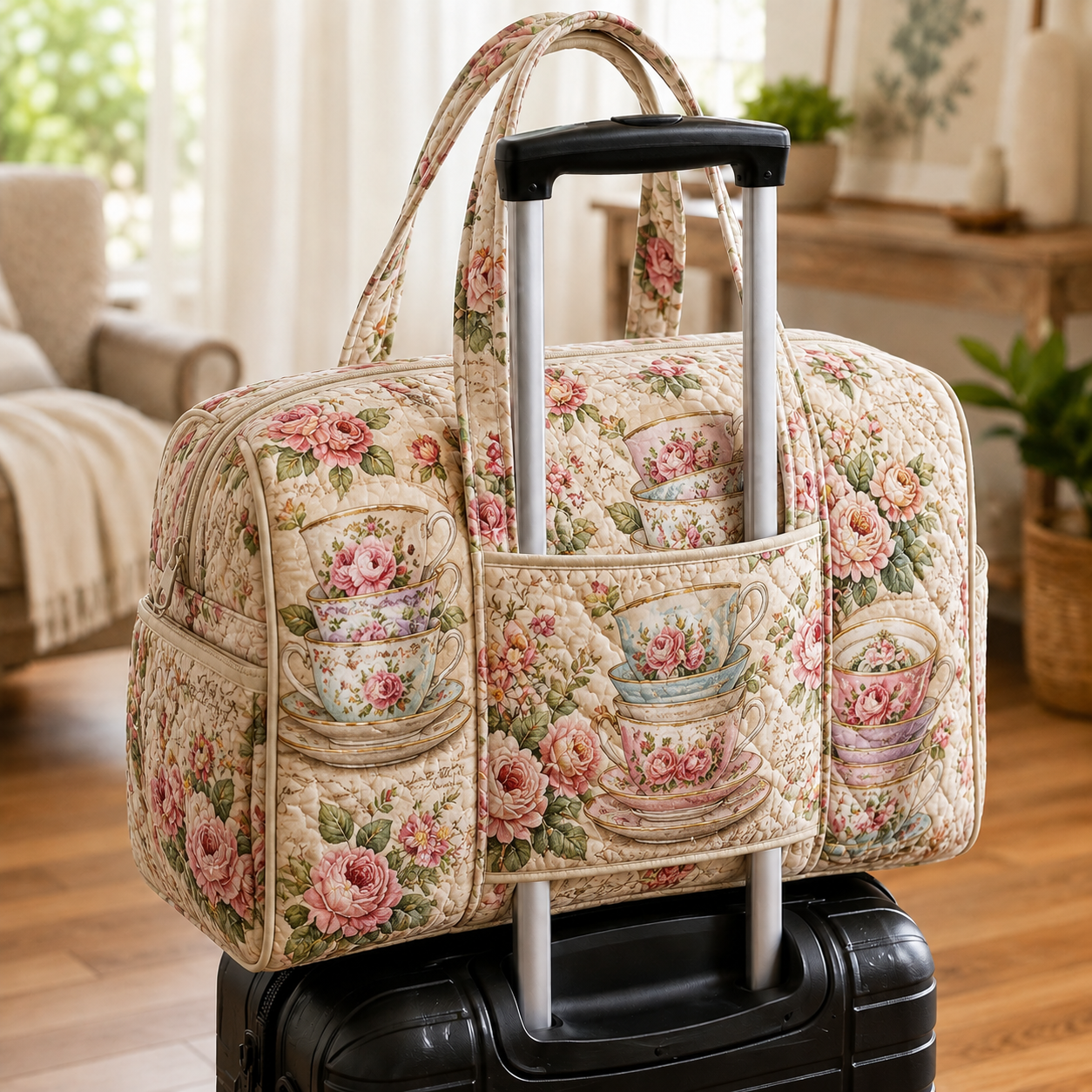 Vintage Rose Teacup Quilted Weekender Bag With Trolley Sleeve