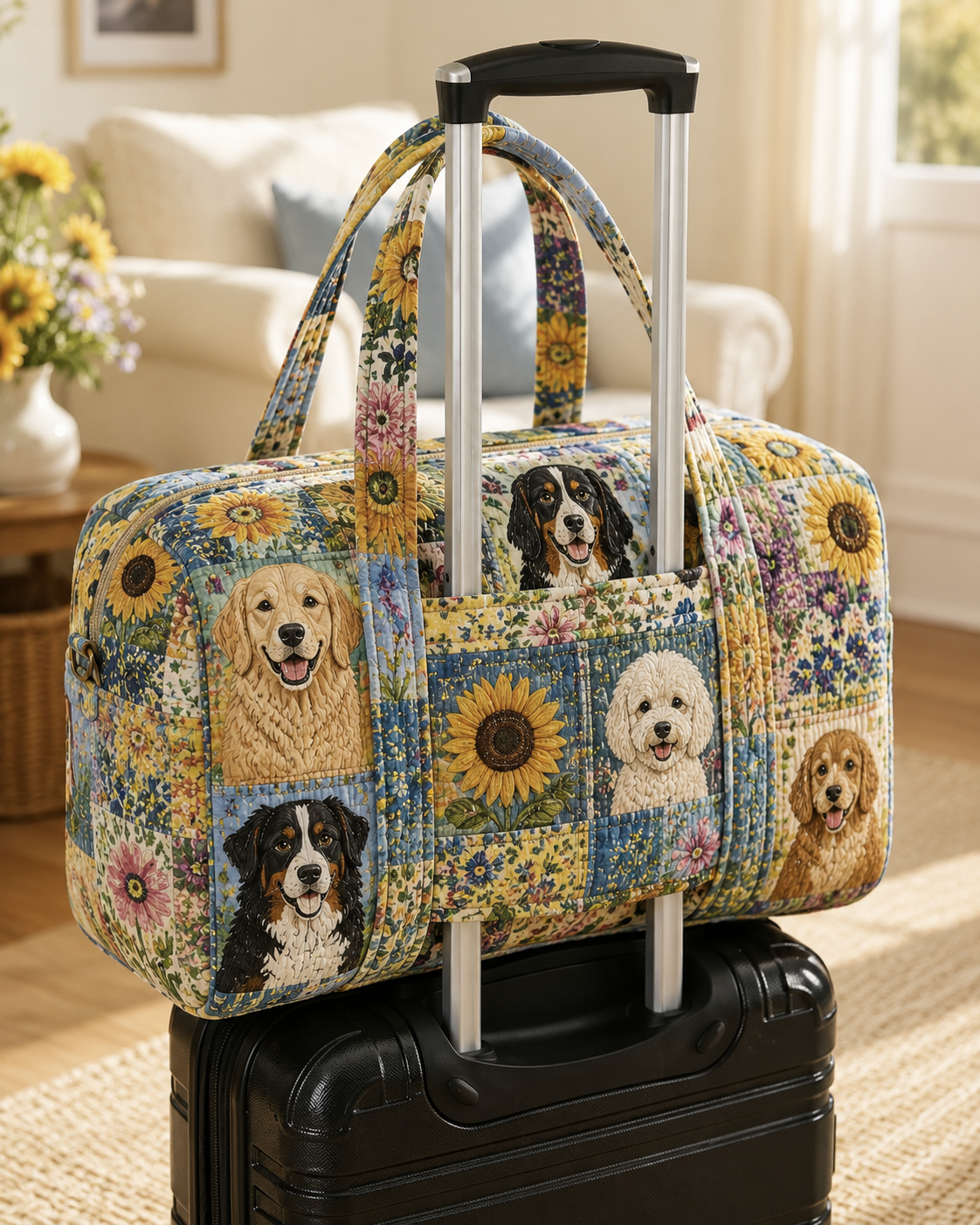 Sunflower Dog Portrait Patchwork Quilted Weekender Bag With Trolley Sleeve