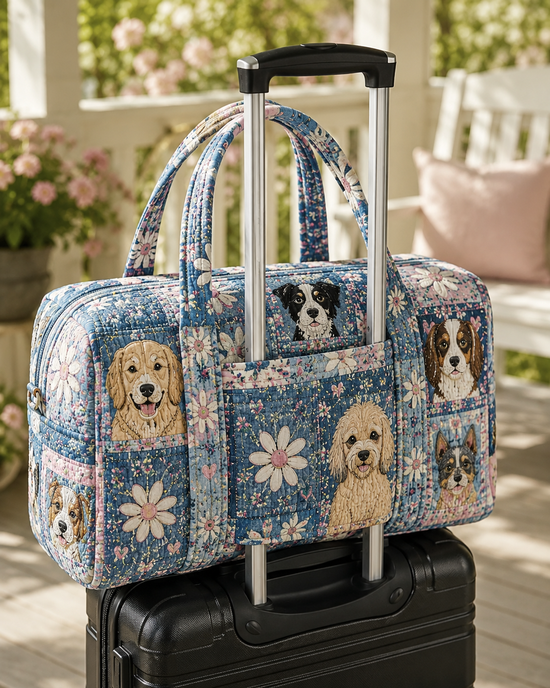 Blue Floral Dog Patchwork Quilted Weekender Bag With Trolley Sleeve