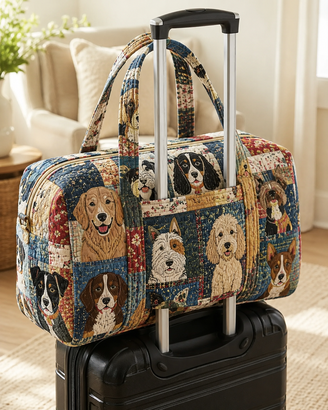 Vintage Dog Collage Patchwork Quilted Weekender Bag With Trolley Sleeve